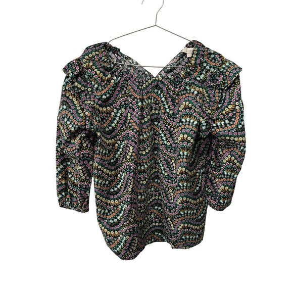 Loft Floral Blouse Size Large Petite Ruffle Shoulder Tie Back Prairie Boho Dark - Picture 1 of 7